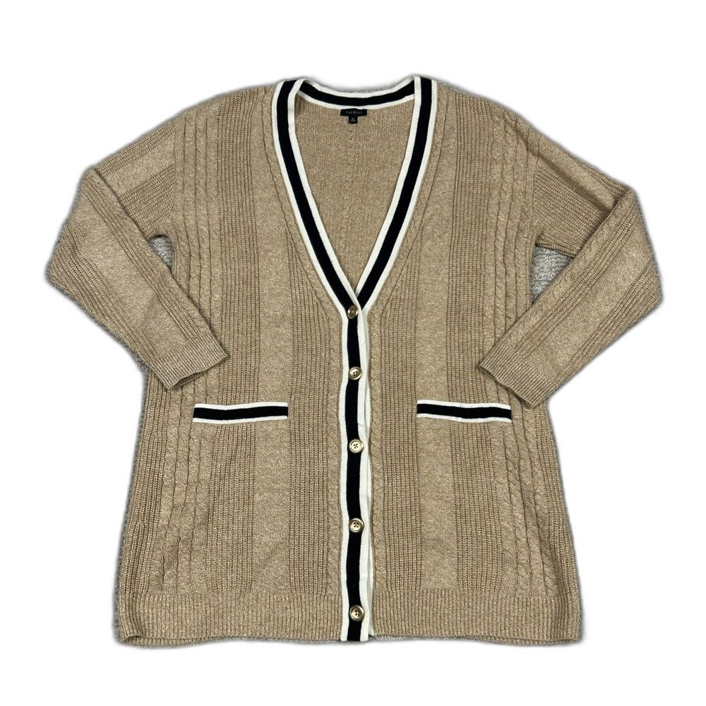 Talbots Long Cardigan Sweater Womens Medium Tan Cable Knit Tipped Gold Buttons